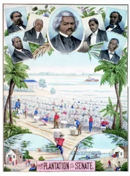 Plantations au Sénat : illustration représentant des travailleurs noirs dans des plantations de coton et des sénateurs noirs dans le sud des États-Unis.