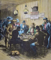 Partie de Faro dans un saloon à Cheyenne, Wyoming, vers 1870 (gravure en couleur)