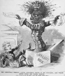 Caricature politique représentant le président Andrew Jackson (1767-1845) effrayé par la perspective du vote des personnes noires en Amérique