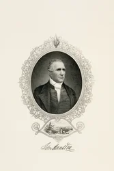 Portrait de Sam Houston avec une vue de la ville, vers 1855-1860 (gravure sur papier vélin)