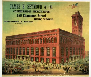 Affiche publicitaire pour James H. Seymour & Co. Commission Merchants à la New York Produce Exchange, gravée par Sacket, Wilhelms et Betzig, vers 1885