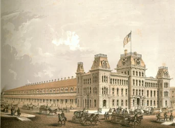 Gare ferroviaire, de Chicago Illustrated, avec descriptions littéraires par James W. Sheahan, publié par Jevne & Almini, Chicago, 1866-67