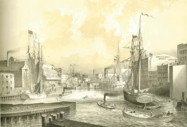 Pont de Rush Street, vue depuis State Street, de Chicago Illustrated, avec descriptions littéraires par James W. Sheahan, publié par Jevne & Almini, Chicago, 1866-67