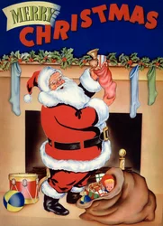 Le Père Noël remplit les bas de jouets la veille de Noël