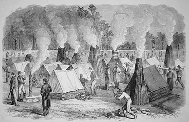 Scène de la vie de camp - architecture de cheminée - les soldats fédéraux à leurs feux de camp