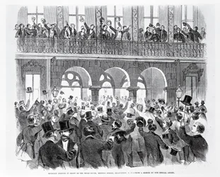 Réunion de sécession devant la Mills House, Meeting Street, Charleston, Caroline du Sud, vers 1860 (gravure)