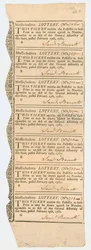Feuille de billets de loterie, Loterie du Massachusetts, 1781