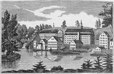 Vue sud-est des usines aux chutes de Yantic, Norwich, de 