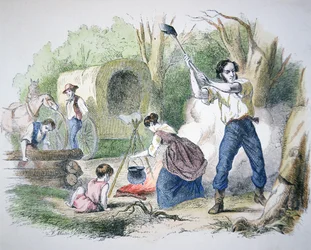Colons immigrants suédois au Nebraska, vers 1895 (gravure colorisée)