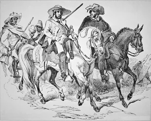 Les Texas Rangers pendant la période de la République du Texas (1836-45) 1842 (gravure)