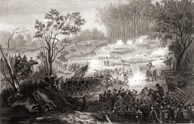 La bataille de Pittsburg Landing, gravée par H. B. Hall, 1862