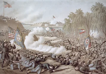 La bataille de Corinth, 3-4 octobre 1862, montrant les drapeaux du Nord et du Sud, par Kurz & Allison