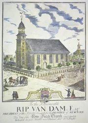 La nouvelle église réformée hollandaise, construite au coin des rues Nassau et Liberty, New York, en 1731 (gravure en couleur)