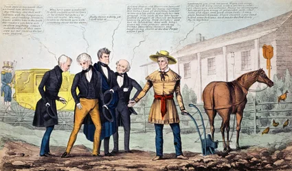 Le Fermier de North Bend et ses visiteurs, caricature publiée par H.R. Robinson, vers 1840-42