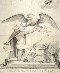 La détection providentielle, caricature représentant Thomas Jefferson (1743-1826) essayant de détruire la Constitution