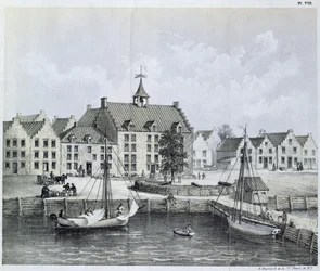 Le Stadthuys de New York en 1679, coin de Pearl Street et Coentijs Slip, du Journal d