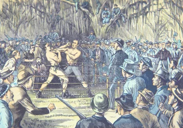 Le dernier combat de boxe à mains nues pour le championnat en 1889, John L. Sullivan contre Jake Kilrain à Richburg, Mississippi