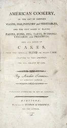 Page de titre de American Cookery, écrit par Amelia Simmons, publié par Hudson & Goodwin, 1796