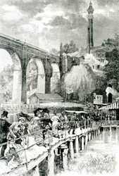 Touristes retournant à leur vapeur sur la rivière Harlem, avec High Bridge à gauche, gravé par W.A Rogers pour Harper