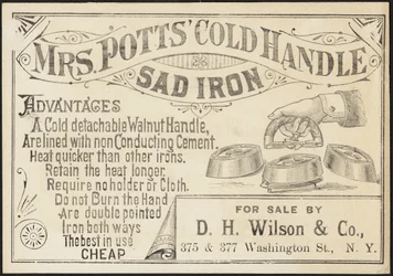 Carte de visite pour le fer à repasser à manche froid de Mme Potts, vers 1870-1900