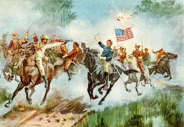 Cavaliers intrépides américains attaquant un avant-poste espagnol à Cuba pendant la guerre hispano-américaine, 1898