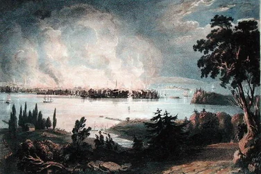 Vue de la ville de New York depuis Weehawk pendant le grand incendie, 16 décembre 1835, gravée par Day et Haghe
