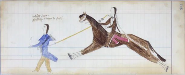 Homme blanc partiellement transformé en indien, illustration du Black Horse Ledger, 1877-79