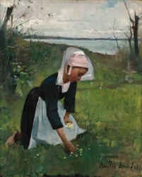 Fille bretonne cueillant des fleurs