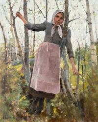 Printemps ; fille dans une forêt de bouleaux