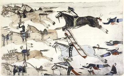 Bataille de Little Big Horn, 25-26 juin 1876. Retraite des 7e bataillons de cavalerie américains sous les ordres du major Marcus Reno. Peinture d