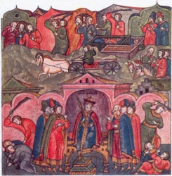 Violence du prince de Moscou Ivan Danilovich et de ses voisins De: La vie de Saint Serge de Radonège, 16ème siècle