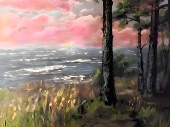 Ciel rose, océan et coucher de soleil