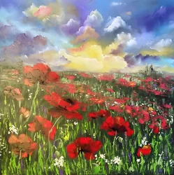 Champ de coquelicots au coucher du soleil