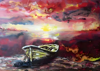 Une barque aux couleurs chatoyantes au coucher du soleil