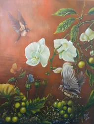 Orchidées blanches et oiseaux