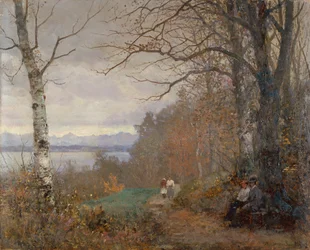 Paysage lacustre boisé avec personnages assis sur un banc (huile sur toile)