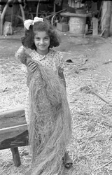 TRAVAIL DU CHANVRE, PETITE FILLE AVEC UN BALLOT DE FIBRES