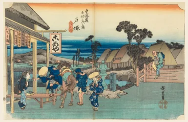 Maison de thé de Totsuka, dans Les Cinquante-Trois Stations de la route Tokaido (Tokaido Gojusan Tsugi-no Uchi)