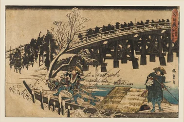 Gravure sur bois - Deux hommes dans un bateau sous un pont, 1797-1858