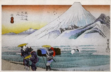 Géographie. Japon. Hara, Mont Fuji le matin. Gravure sur bois par Hiroshige dans : Cinquante-trois stations du Tokaido (1833-1834). Carte postale, Japon, vers 1900