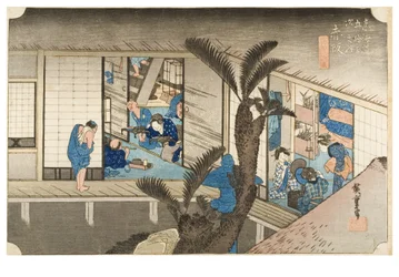 Akasaka : Auberge avec servantes de la série Les cinquante-trois étapes du Tokaïdo, vers 1831-1834 (gravure sur papier)