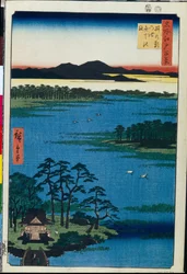 Estampe japonaise : Le temple Benten sur les rives du lac Inokashira (Tokyo, Japon) Série cent vues célèbres d