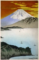 Géographie. Japon. Lever de soleil sur le mont Fuji. Gravure sur bois par Hiroshige dans : Cinquante-trois stations du Tokaido (1833-1834). Carte postale, Japon, vers 1900