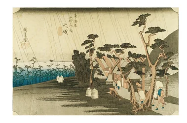 Oiso : La pluie de Tora de la série Les cinquante-trois étapes du Tokaïdo, vers 1831-1834 (gravure sur papier)
