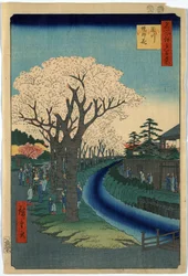 Promeneurs admirant les cerisiers en fleurs le long des rives de la rivière Tama à Edo, gravure sur bois par Ando Hiroshige
