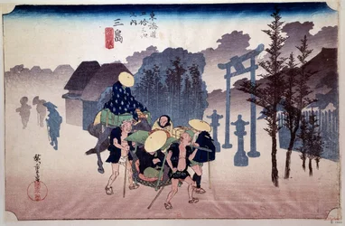 Les 53 relais du Tokaido (route Kyoto-Tokyo) : Voyageurs devant un temple Shiuto