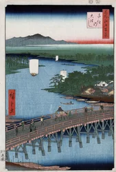 Le grand pont de Senju traversant la rivière Sumida, avec des montagnes en arrière-plan, gravure sur bois par Ando Hiroshige