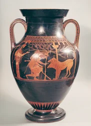 Amphore à figures rouges attiques représentant Héraclès capturant Cerbère, grec, d