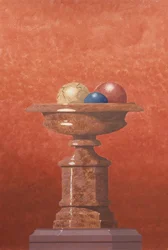 Vase en marbre, boules de marbre rouge, bleu et jaune