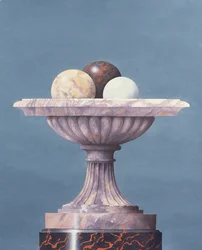 Vase en marbre, boules de marbre blanches, noires et jaunes